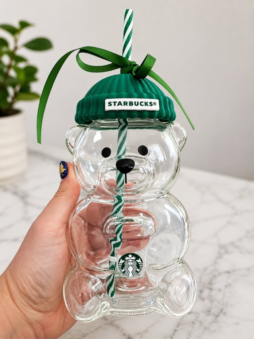 Starbucks Teddy Bear Glass Cup with Green Hat & Straw – Rare Collectible